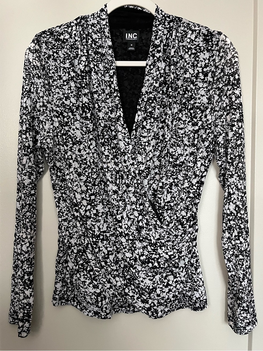 INC International Concepts Black & White Abstract Faux Wrap Blouse